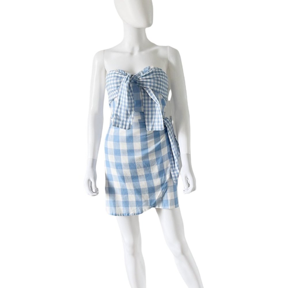 J. Marie Charlotte Gingham Checkered Strapless Dress Blue White Size Sma…